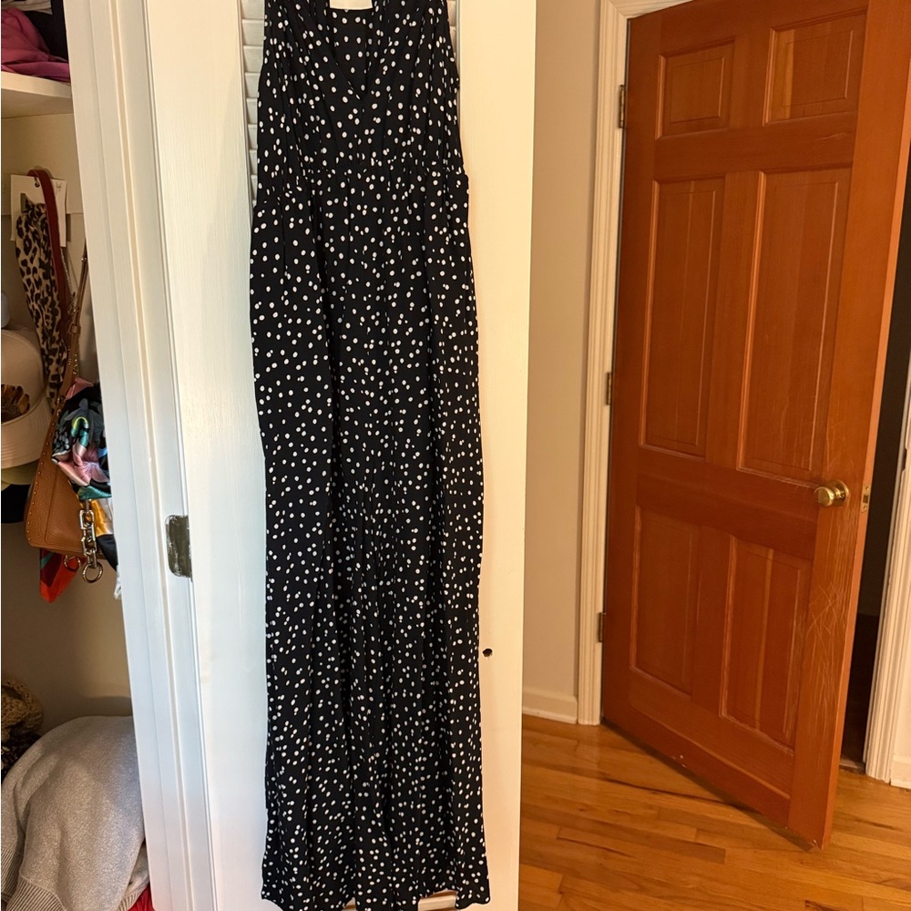 Anthropologie Maeve Black jumpsuit with White Polka Dots